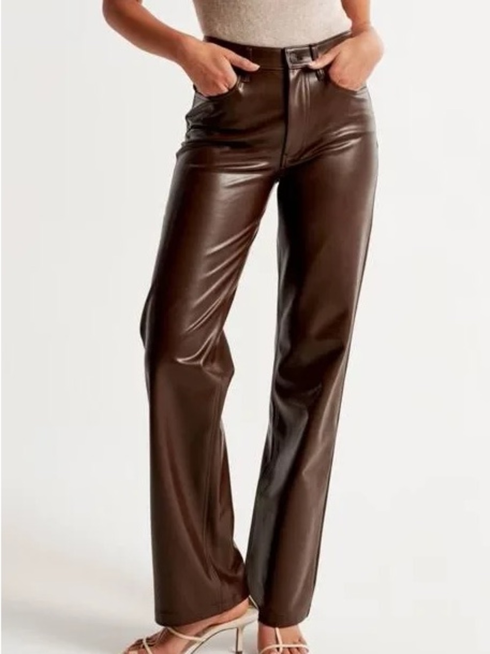 abercrombie and fitch the 90's straight ultra high rise brown leather pant